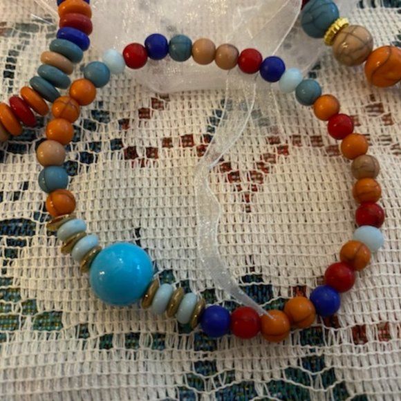 Set of 3 WOOD & GLASS BEAD ~ GOLD Spacers STRETCH BRACELETS * BRIGHT COLORS - Picture 3 of 5